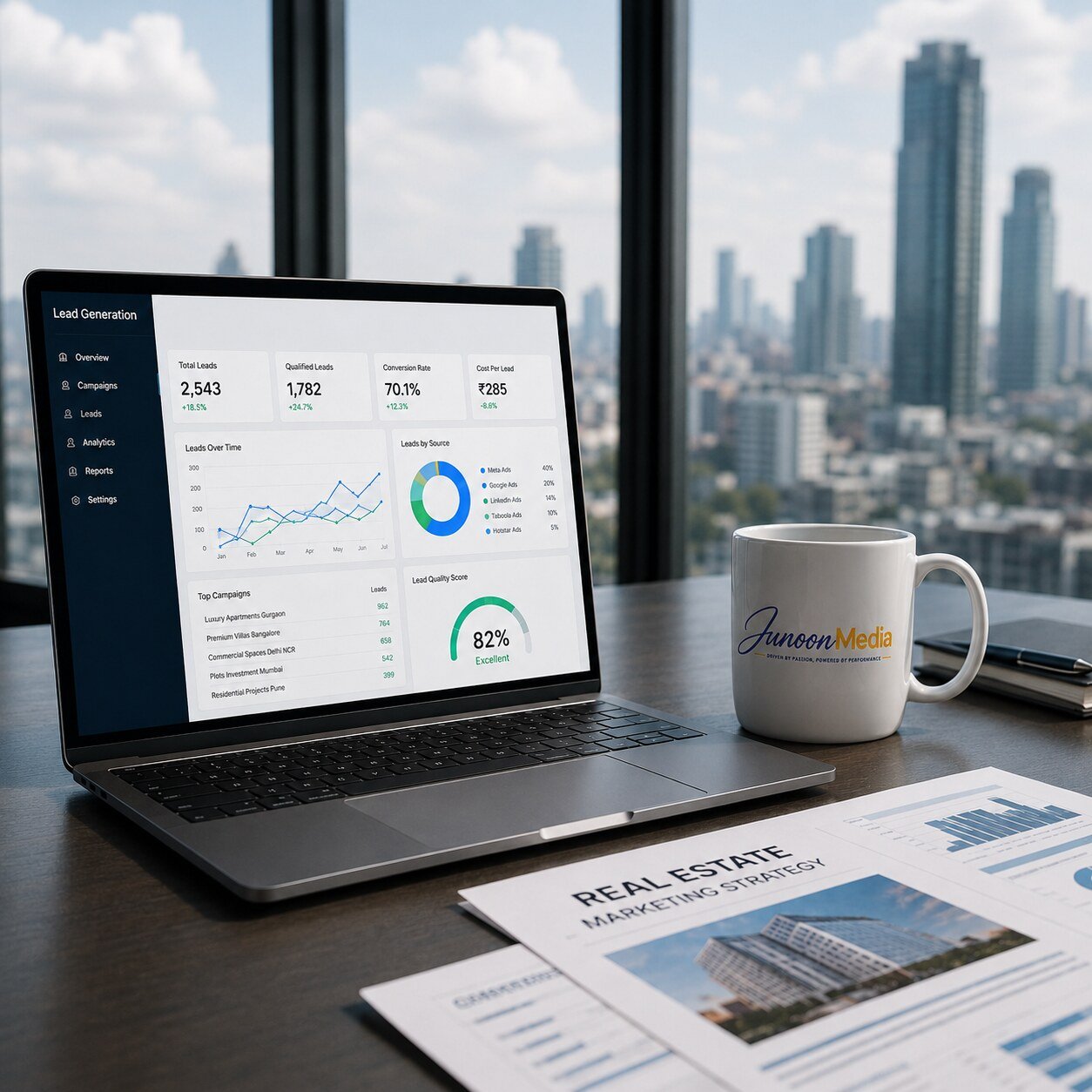 JUNOON MEDIA real estate performance marketing dashboard with lead generation analytics